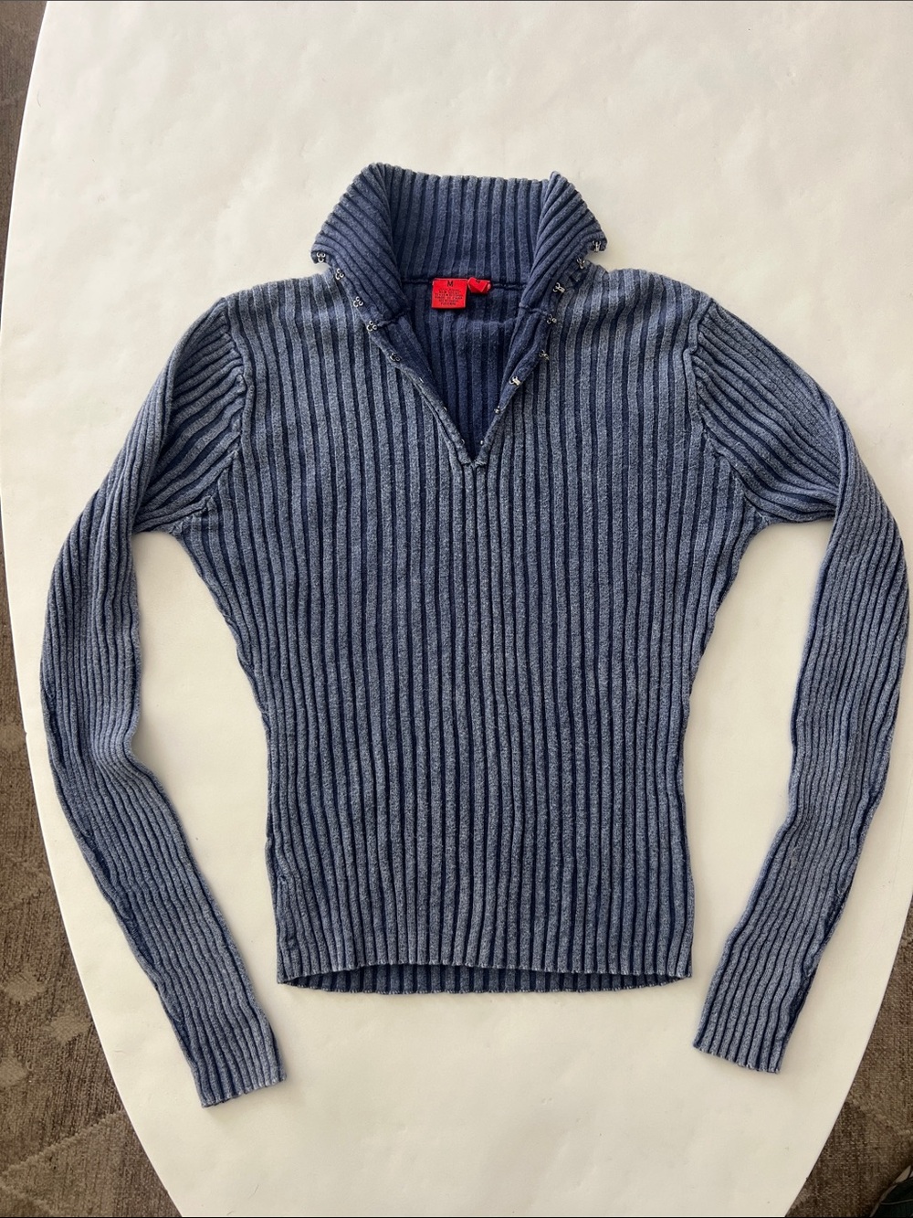 Vintage FRIENDS Blue Acid Wash Ribbed Mock Neck Stretchy Longsleeve Top M